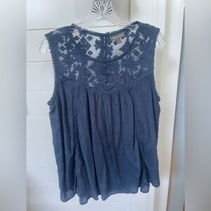 Style & Co women’s L sleeveless blouse lake blue color with sheer lace top